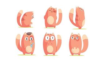 Cute Red Cartoon Cat Character Expressing Different Emotions Set vector