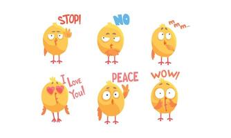 Funny Chicken Character with Phrases Set. Cartoon Chick with Different Emotions vector