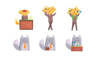 Fox and Cat Characters Doing Business Illustrations Set vector