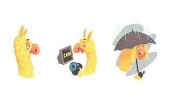 Cute Lama Character Playing Game and Walking in Rainy Day Set vector