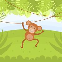 Cute Monkey Hanging on a Vine in Tropical Forest illustration vector