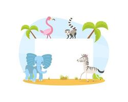 Jungle Animals with Blank Banner, Elephant, Zebra, Lemur, Flamingo Standing Next Blank Signboard illustration vector