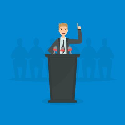Politician Standing Behind Rostrum and Giving Speech, Male Public Speaker Character at Political Debates illustration