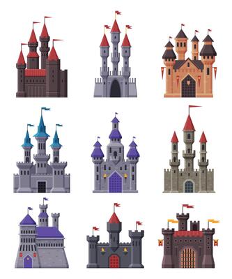 Medieval Fairytale Castles Collection, Ancient Fortified Fortresses and Palaces with Towers Illustration