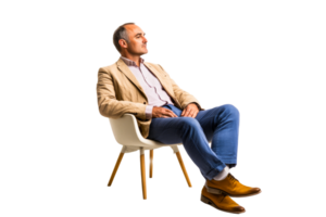 Business professional engaged in thoughtful reflection while seated png