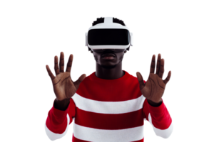 Engaging in virtual reality with hands raised for interaction png