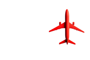 Airplane in flight with a sleek red design on transparent background png