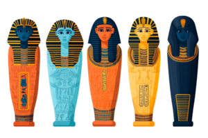 Colorful depictions of ancient Egyptian sarcophagi with hieroglyphs png