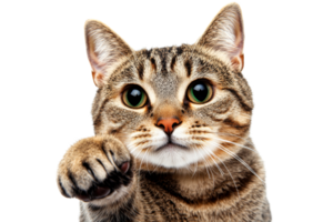 Cat with striking green eyes reaching out on a transparent background png