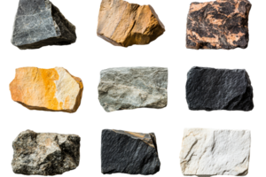 Collection of various rock types displayed on a transparent background png