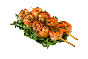 Grilled shrimp skewers on arugula with fresh herbs and seasonings png