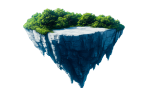 Floating island with lush greenery and rocky base in bright light png