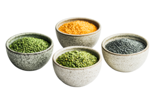 Variety of lentils in patterned bowls on a transparent background png