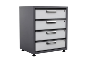 Modern four drawer filing cabinet with gray finish and sleek design png