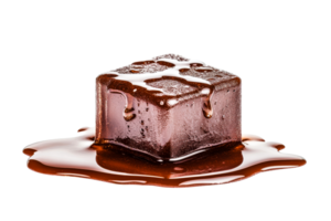 Chocolate ice cube melting on a clear surface with liquid chocolate png