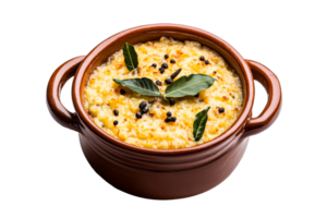 Herb infused casserole in a clay dish on a clear backdrop png