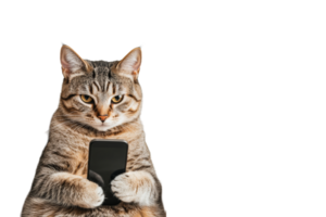 Cat with smartphone on transparent background during playful moment png