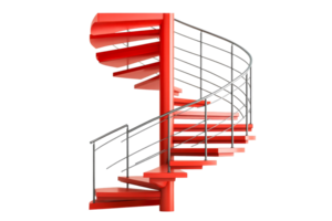 Spiral staircase design with bright red steps and modern railing png