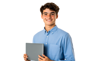 Young man smiling while holding a tablet in a friendly manner png