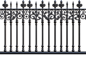 Decorative wrought iron fence with intricate patterns and designs png