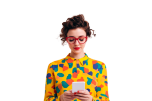 Woman with colorful shirt using smartphone on transparent background png