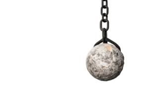 Heavy metallic wrecking ball hanging from a chain for demolition work png