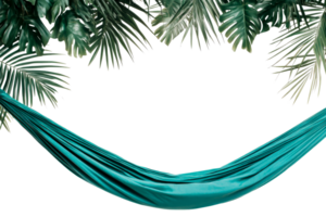 Relaxing hammock surrounded by tropical leaves in bright setting png