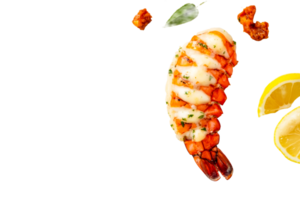 Grilled shrimp with sauce and garnish on clear background png