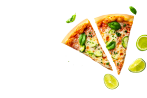 Fresh pizza slices with cucumber and lime arranged on a surface png