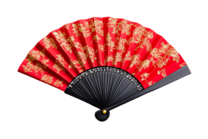 Elegant red folding fan with intricate gold design and black handle png