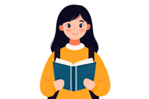 Student reading a book with enthusiasm in a bright setting png