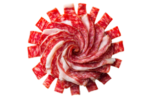 Sliced salami arranged in a spiral pattern on transparent background png