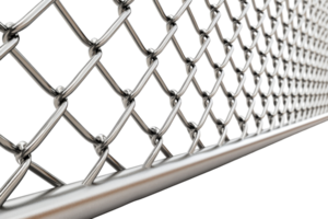 Detailed view of a metallic chain link fence with a clear background png