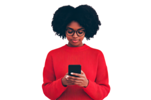 Young woman using smartphone while wearing red sweater and glasses png