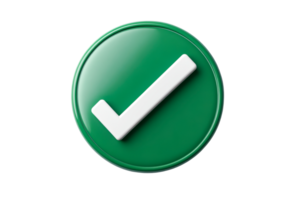 Glossy green round button with a white check mark, cut out transparent png