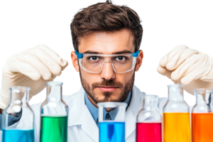 Scientist examines colorful chemicals in lab, research experiment, cut out transparent png