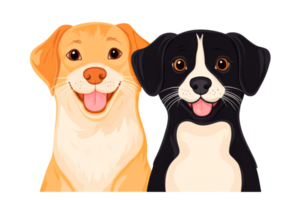 Two cartoon dogs side-by-side smiling with their tongues out, cut out transparent png