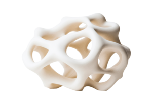 Abstract white porous object with rounded edges on black background, cut out transparent png