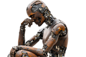 Futuristic rusty robot deep in thought, pensive android, cut out transparent png