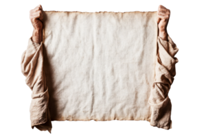 Man holds weathered scroll, manuscript display, presentation, cut out transparent png