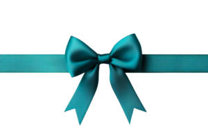 Teal satin ribbon bow centered on black background, cut out transparent png