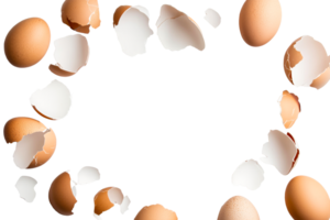 Frame of brown eggs and broken shells on black, cut out transparent png