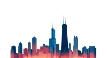 Abstract illuminated skyline, silhouette of skyscrapers, architecture, cut out transparent png