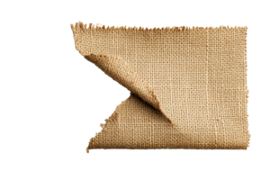 Burlap fabric with a folded corner showing the coarse texture, cut out transparent png