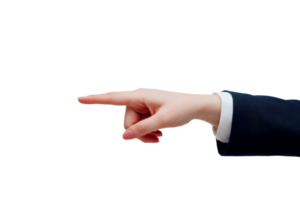 Hand in suit jacket points to the left, hand gestures, direction, cut out transparent png