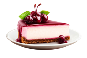 Slice of cherry cheesecake dessert, on plate, confectionery art, cut out transparent png