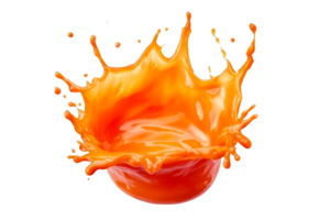 Orange liquid splash crown, burst with drops, dynamic flow, cut out transparent png