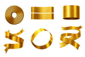 Golden ribbon elements on a black background, cut out transparent png