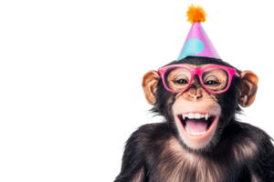 Cheerful monkey with party hat and glasses, wide grin, isolated, cut out transparent png