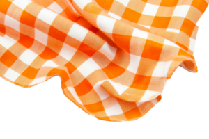 Crumpled orange checkered fabric tablecloth, pattern background, cut out transparent png